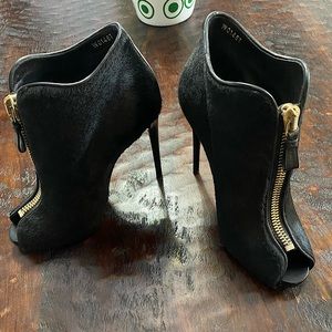 Tom Ford black calf hair peep toe zip booties, $1390, 37